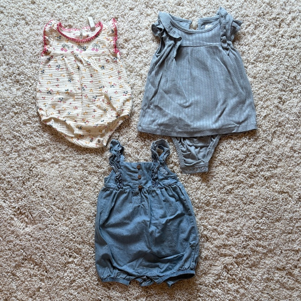 Carter’s Baby Romper Bundle Chambray Gray Dress Cream Floral Cherry One Piece
